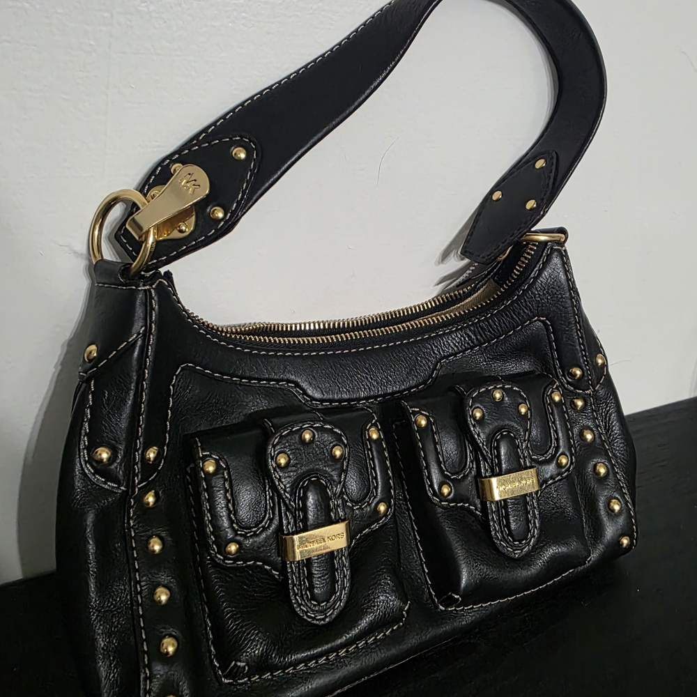 Michael Kors Black Leather Shoulder Bag with Gold Accents